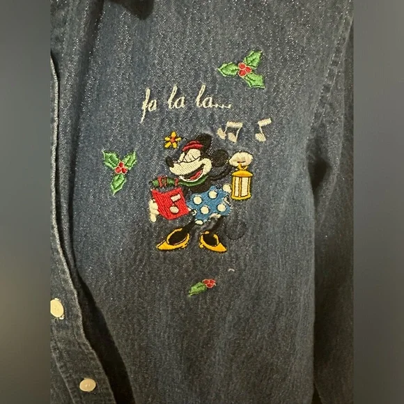 Vintage Tis The Season Mickey Mouse Shimmery Button Down Shirt Size Small - Picture 2 of 10